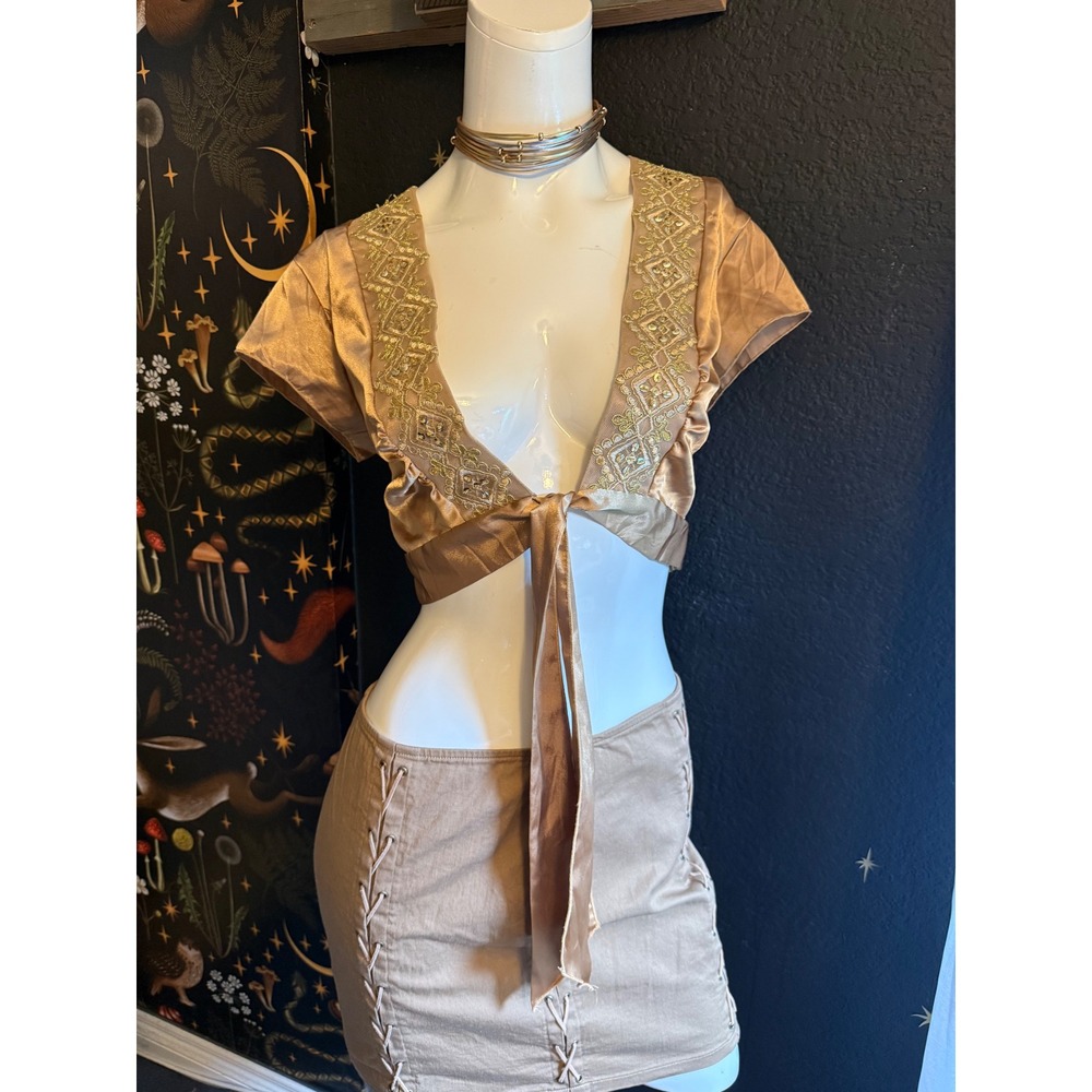 Dolled Up by FANG Bronze Gold Satin Embroidered Sequin Tie Front Crop Top Large
